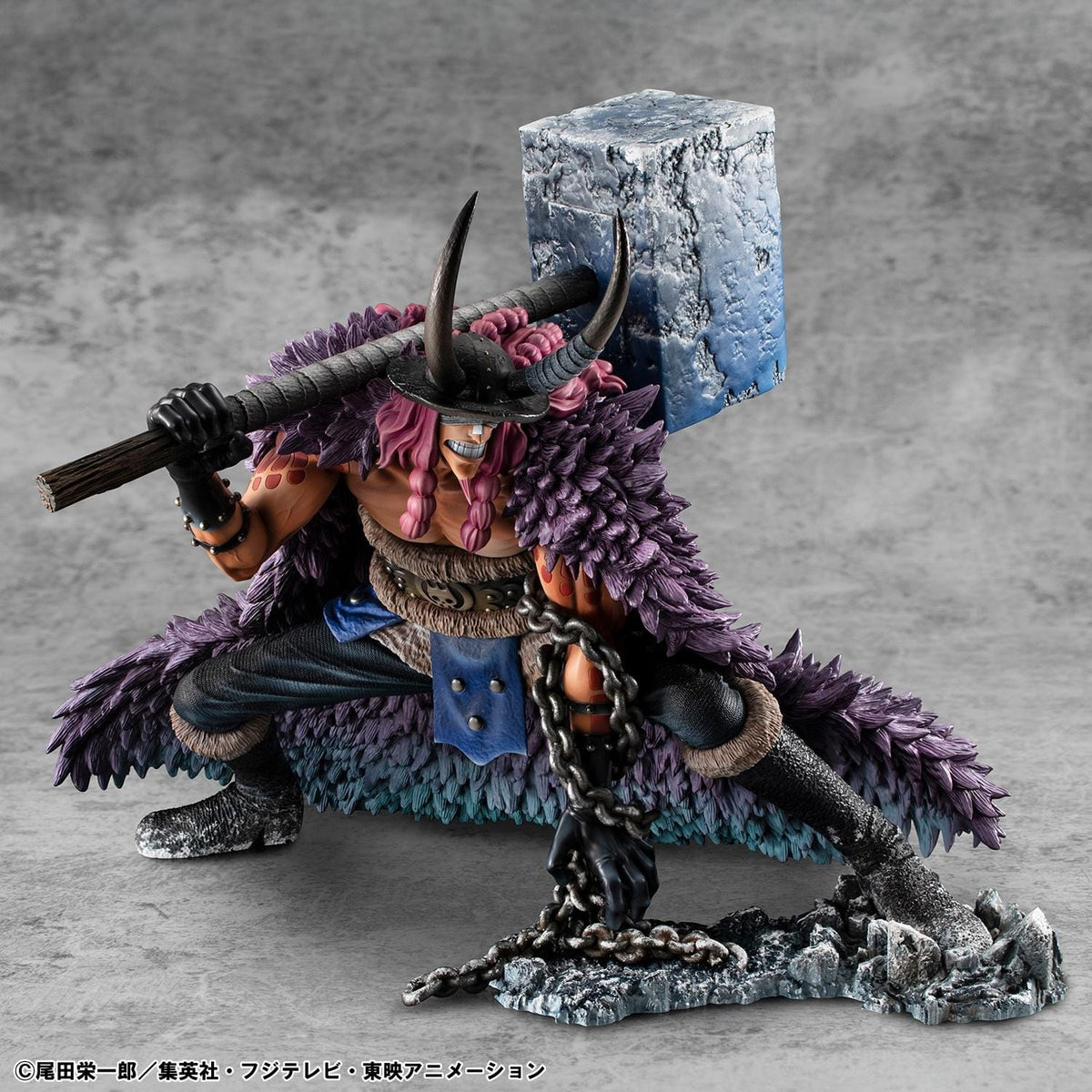 One Piece Portrait of Pirates ELB-Maximum Loki figure crouching with a massive hammer, horned helmet, pink braids, purple cloak, and chains on a rocky base.