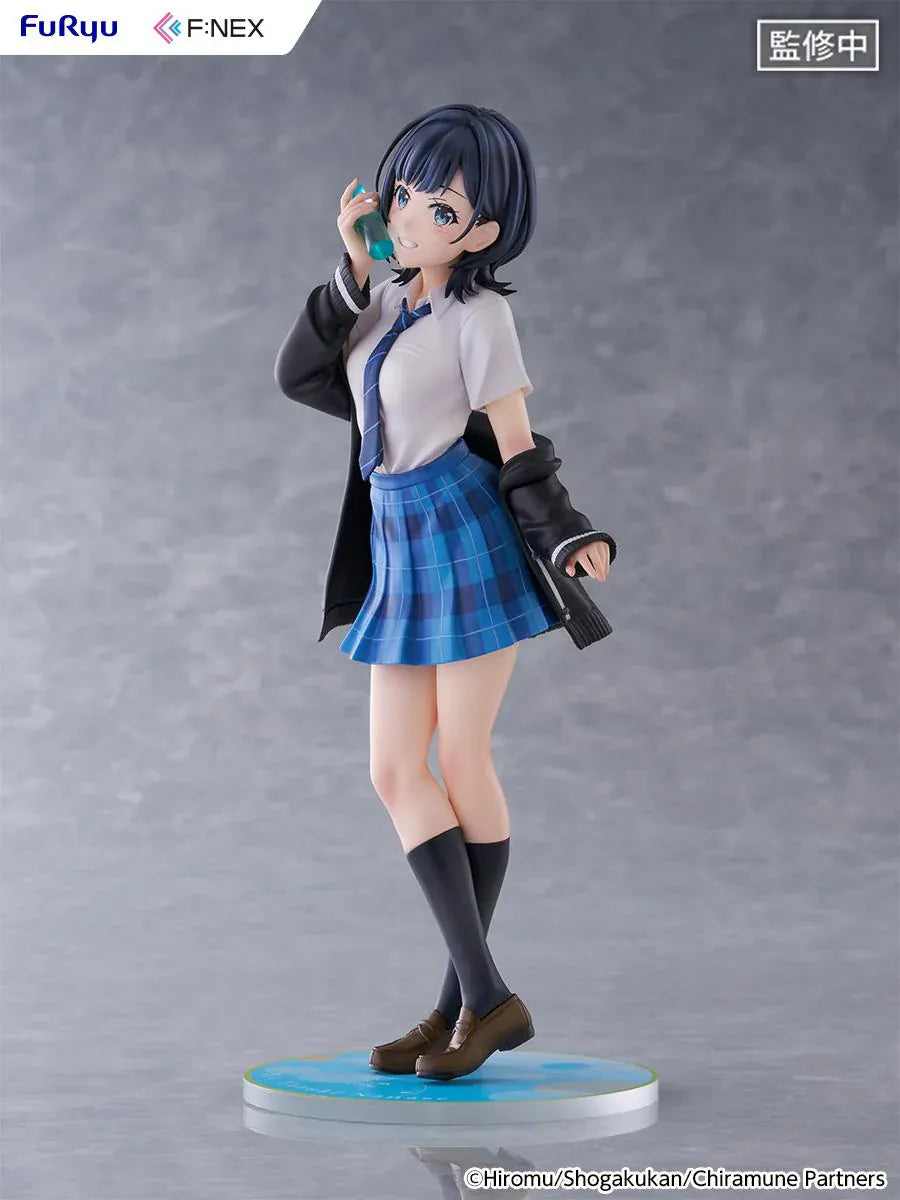 Chitose Is in the Ramune Bottle Yuzuki Nanase 1/7 Scale Figure with short dark hair, blue plaid skirt, school uniform outfit, drink bottle accessory, and display base