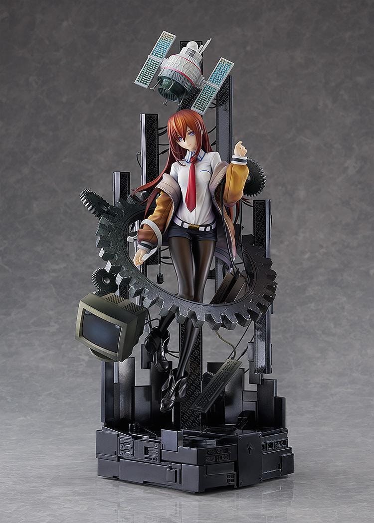Kurisu Makise 1/7 scale figure surrounded by gears, binary-patterned panels, a satellite, retro monitor, and computer equipment with red-orange accents.