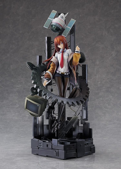 Kurisu Makise 1/7 scale figure surrounded by gears, binary-patterned panels, a satellite, retro monitor, and computer equipment with red-orange accents.