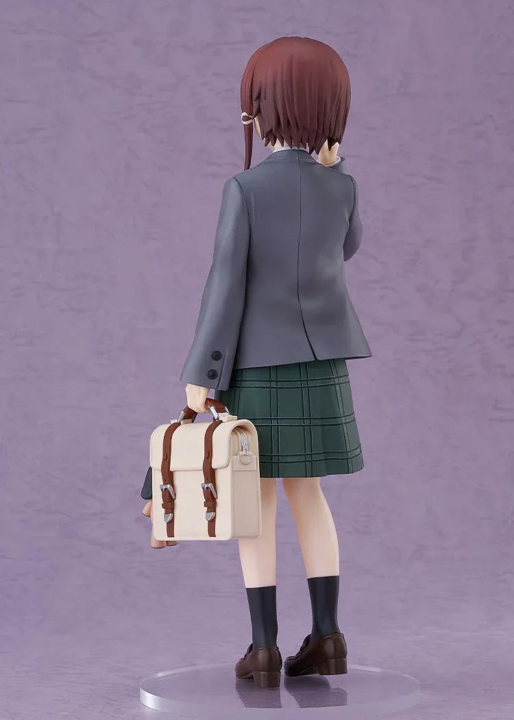 Lain Iwakura POP UP PARADE L Size figure in a gray blazer and green plaid skirt, holding a cream-colored school bag with a dog charm.