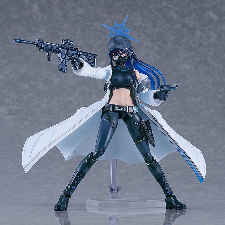 Blue Archive figma Saori Joumae figure featuring Saori in a tactical black outfit, white coat, cap, face mask, and weapon accessory