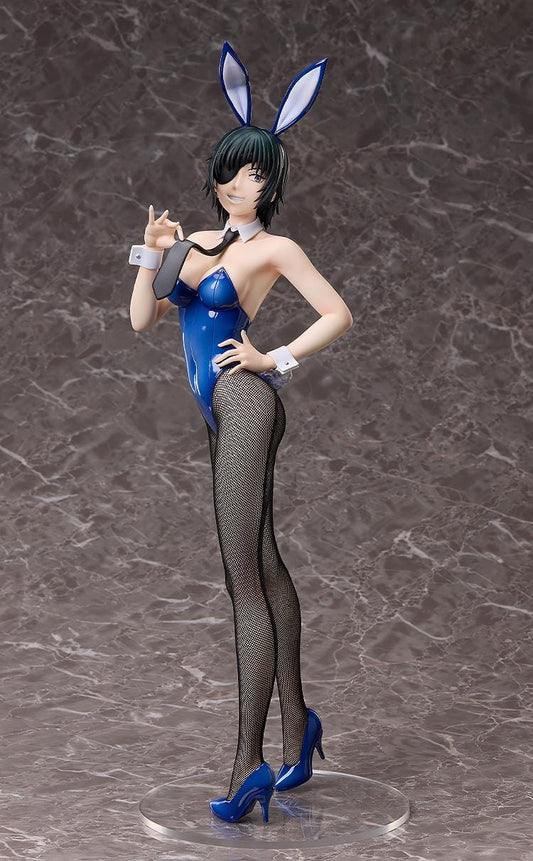 Chainsaw Man B-Style Himeno (Bunny Ver.) 1/4 Scale Figure wearing a glossy blue bunny suit, fishnet tights, and heels, standing confidently.