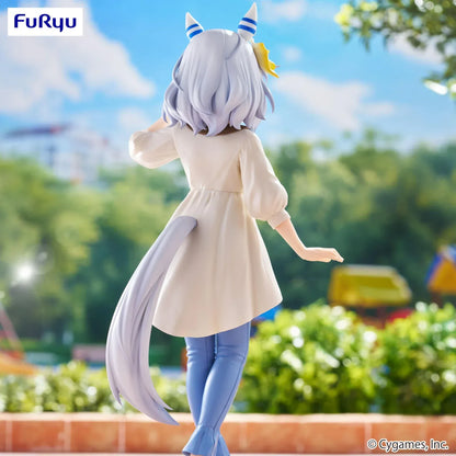 Trio-Try-iT Hishi Miracle figure from Uma Musume: Pretty Derby in a cream tunic and blue pants, smiling and posing in a casual park scene.