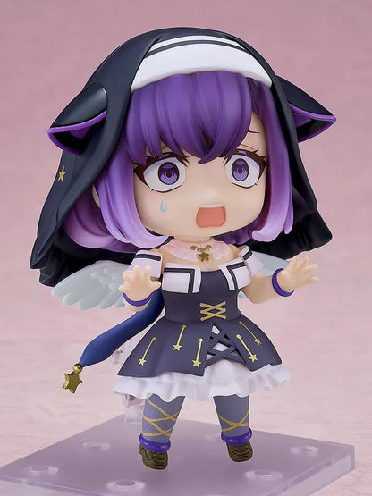 BanG Dream! Nendoroid Miyako Fuji figure with purple hair, a black hood, gold star details, white wings, and a pink character companion.