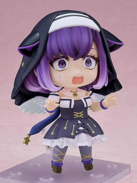 BanG Dream! Nendoroid Miyako Fuji figure with purple hair, a black hood, gold star details, white wings, and a pink character companion.