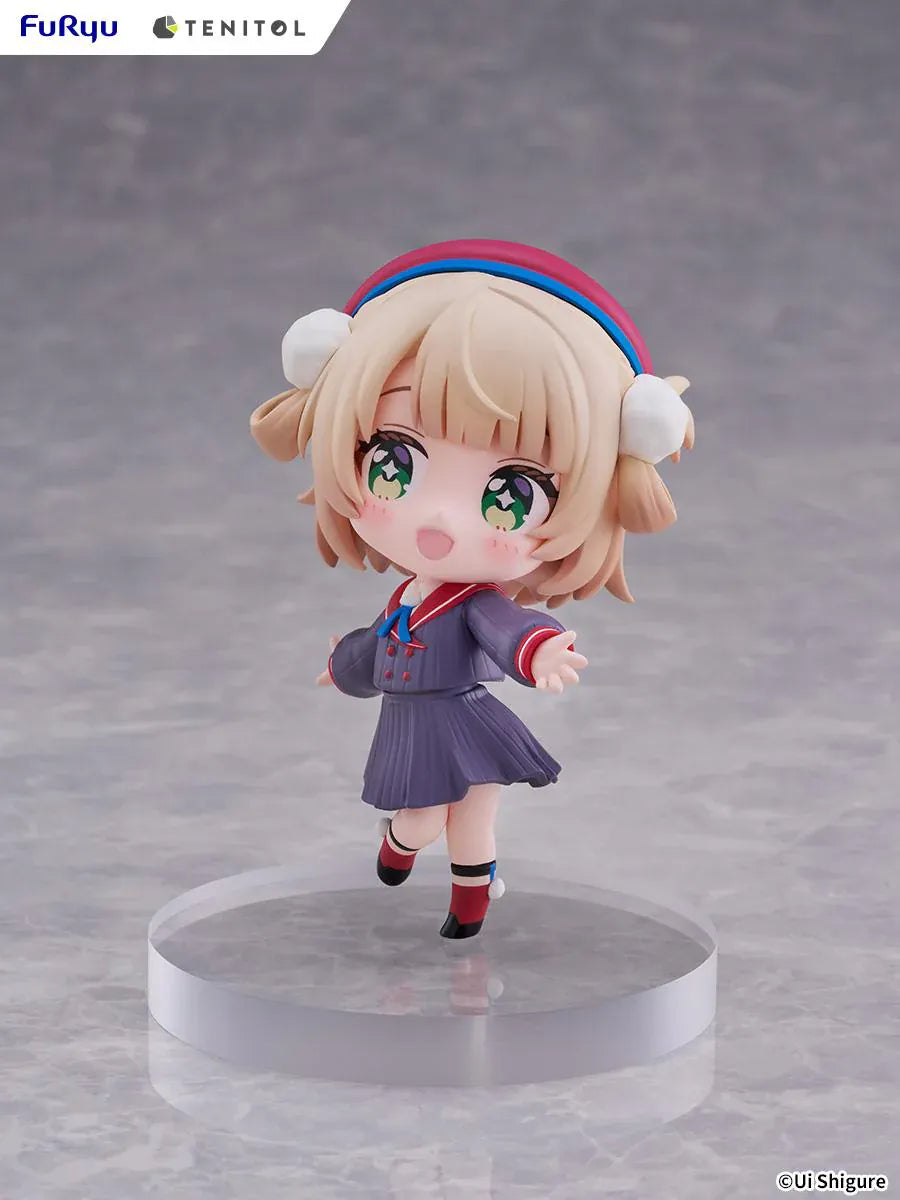 Ui Shigure Tenitol Mini Ui Shigure Figure with blonde hair, green eyes, earmuffs, school uniform outfit, cheerful pose, and round display base