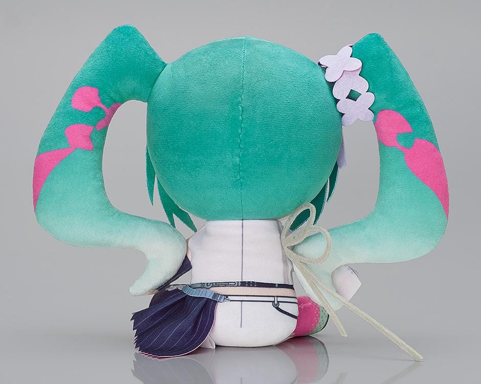 Vocaloid Racing Miku 2025 plushie with twin-tails and Good Smile Racing outfit