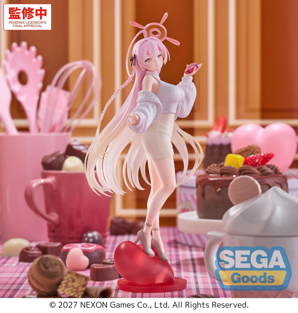 Blue Archive XStellar Hanako Happy Valentine figure holding a chocolate gift while standing on a red heart-shaped base