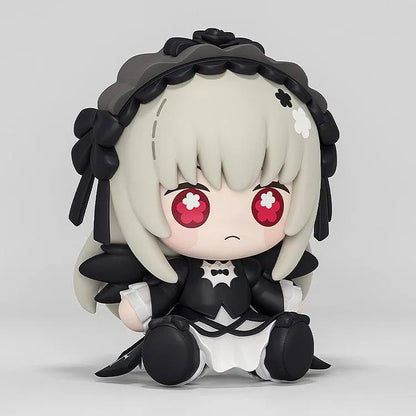 Rozen Maiden Huggy Good Smile Suiginto Figure featuring silver-white hair, red eyes with flower-shaped highlights, a black gothic dress with white frills, black rose headpiece, and a cute seated chibi design.