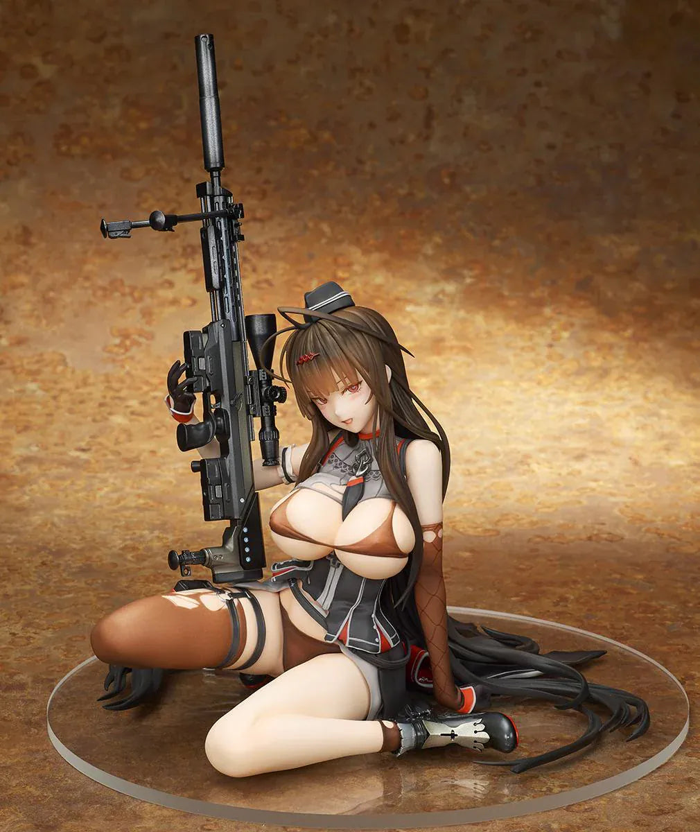Girls' Frontline GD DSR-50 Heavy Damage 1/7 Scale Figure seated with long brown hair, tactical outfit, sniper rifle accessory, and clear display base