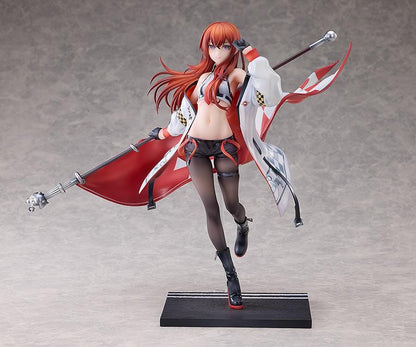 STEINS;GATE Kurisu Makise Racing Ver. set featuring a 1/7 scale figure on a road-inspired base and a matching seated plushie, both with red flags.