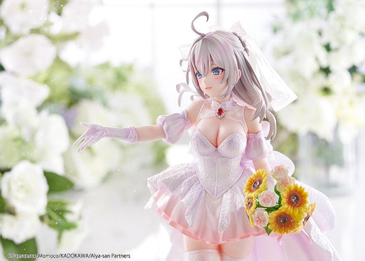 “KD Colle Alisa Mikhailovna Kujou Wedding Dress Ver. 1/7 Scale Figure standing in a flowing white and pink bridal gown holding a flower bouquet.”