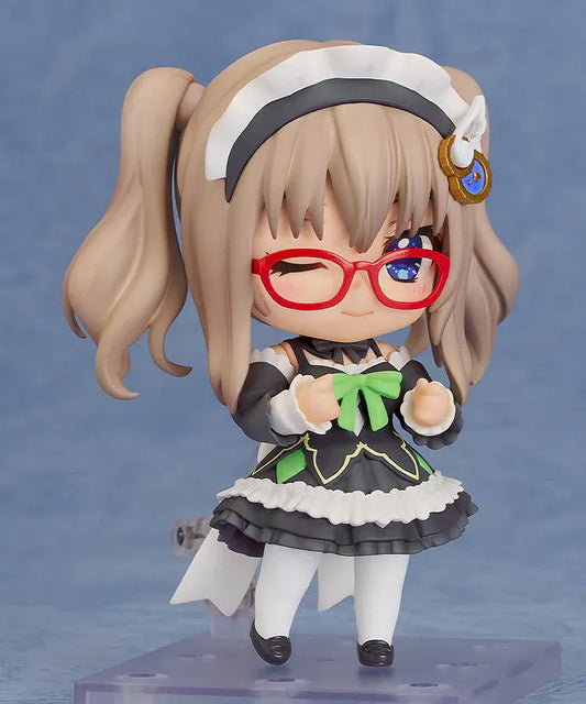 9-nine Nendoroid No.2868 Miyako Kujo Maid Ver chibi figure with red glasses, black-and-white maid outfit, tray and menu