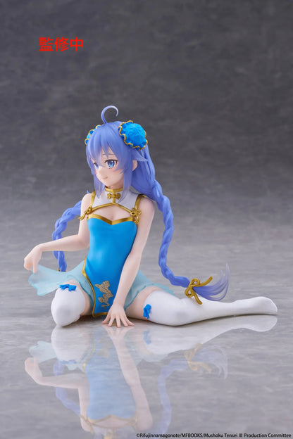Mushoku Tensei Desktop Cute Roxy Migurdia Chinese Dress Ver. figure seated in a blue-and-gold dress with long braided hair.