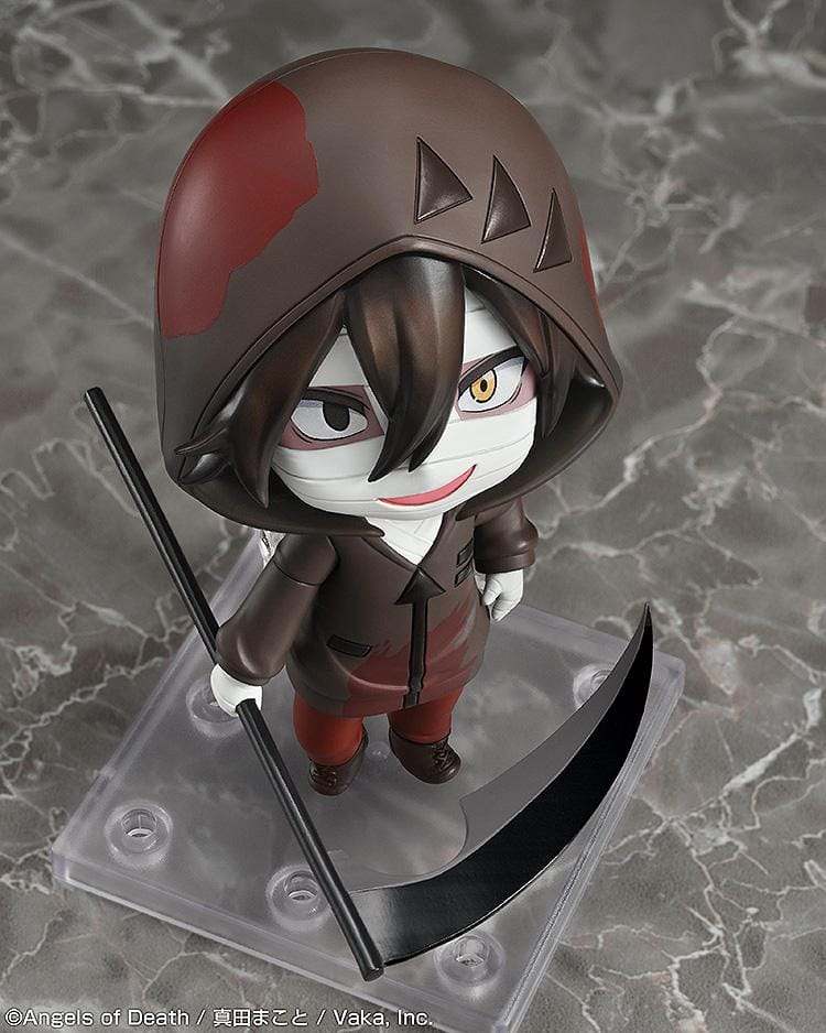 Angels of Death Nendoroid Isaac Foster figure wearing a hooded outfit with bandages and holding a scythe.