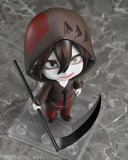 Angels of Death Nendoroid Isaac Foster figure wearing a hooded outfit with bandages and holding a scythe.