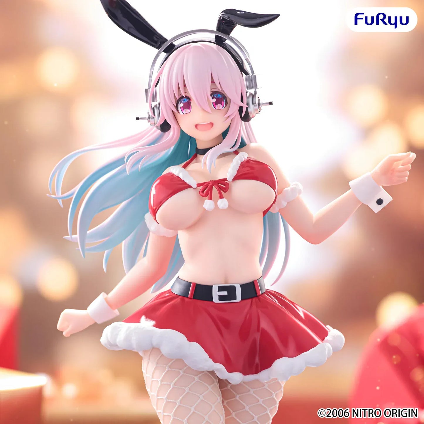 Nitroplus Super Sonico BiCute Bunnies Santa Ver. figure wearing a festive red bunny outfit with headphones, bunny ears, fishnet tights, and gradient pink-and-blue hair