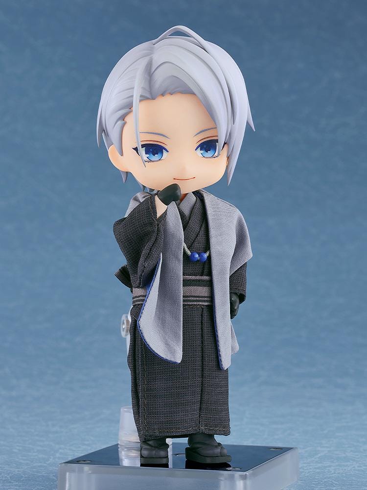 Nendoroid Doll of Yamanbagiri Chougi from Touken Ranbu Online wearing a gray kimono and haori with blue eyes and silver hair, standing in a neutral pose.