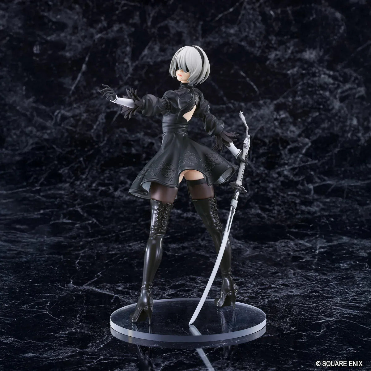 NieR POP UP PARADE 2B YoRHa No.2 Type B L Size Figure featuring a silver-white-haired android wearing a black gothic combat dress, thigh-high boots, and black gloves while holding a large sword on a circular display base.