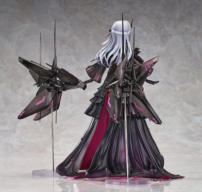 1/7 scale figure of Modernia from Goddess of Victory: Nikke in her Second Affection outfit, wearing a black coat with crimson lining and large mechanical wing units extending from her sides.