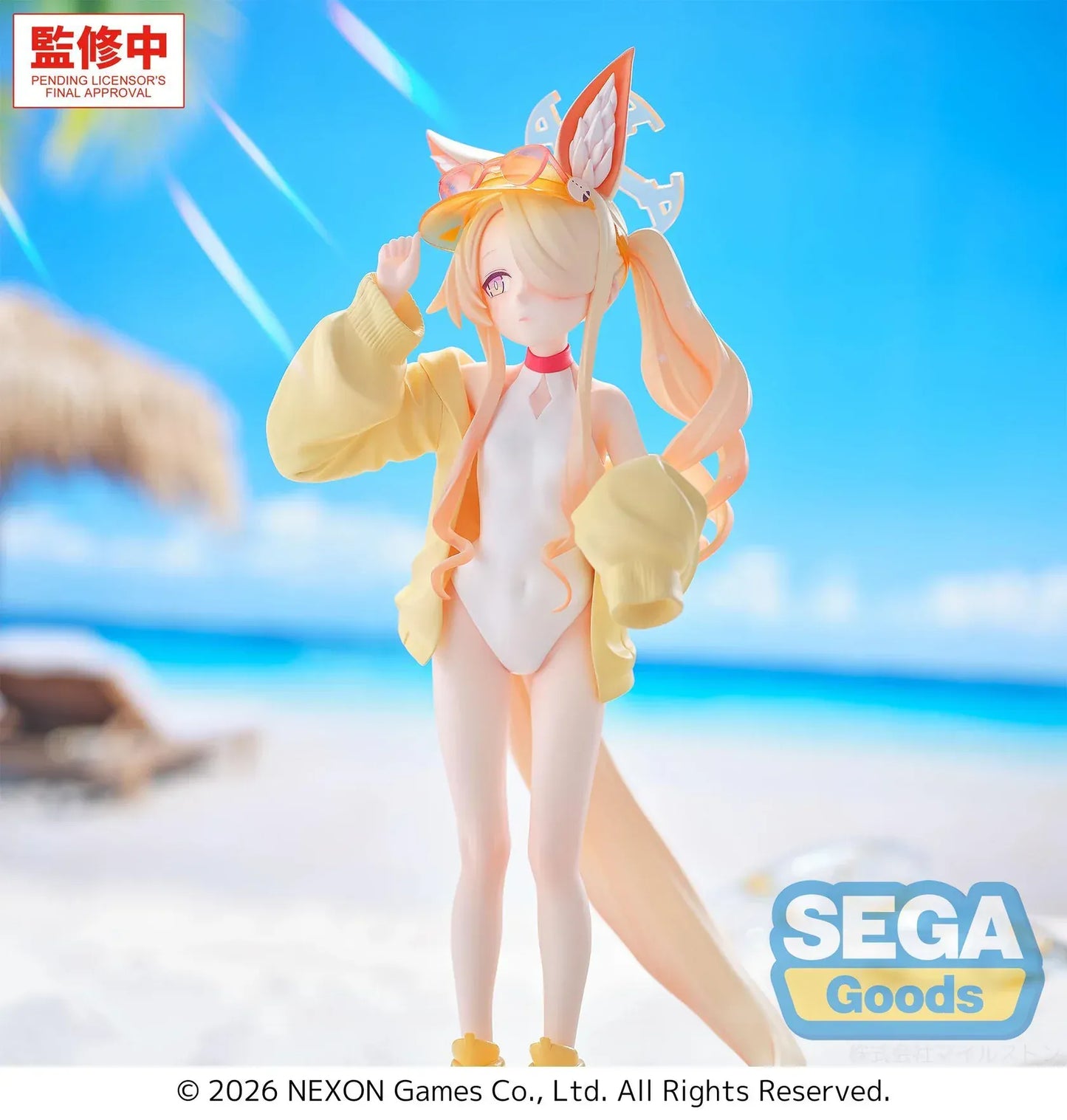 Seia swimsuit figure from Blue Archive with fox ears tail and oversized jacket standing on base