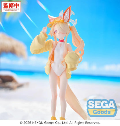 Seia swimsuit figure from Blue Archive with fox ears tail and oversized jacket standing on base