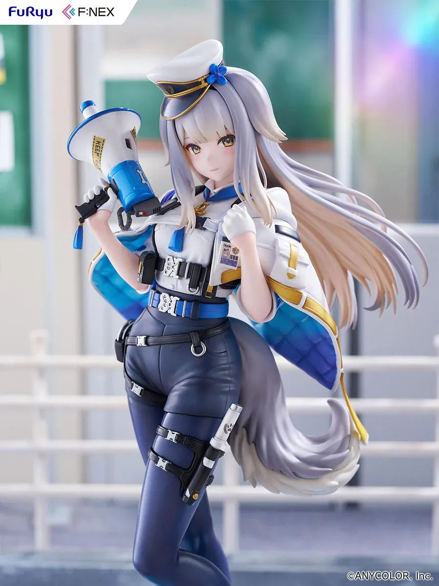 Nijisanji Ruri Shioriha 1/7 scale figure featuring megaphone accessory, silver hair, and detailed blue-and-white outfit