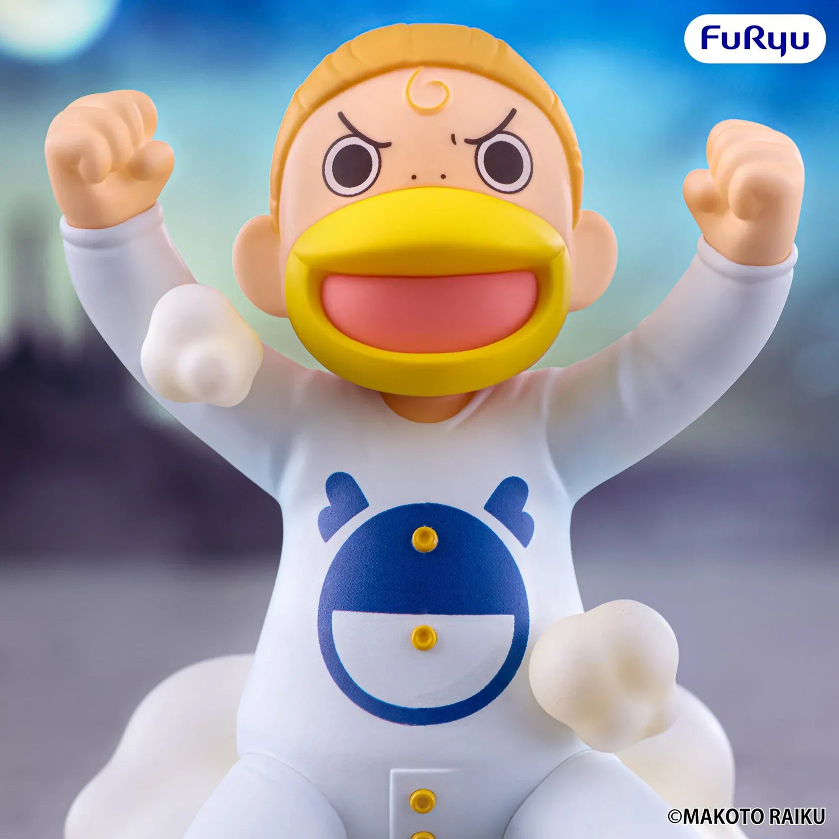 Zatch Bell Muchute Kanchome figure wearing a white outfit with blue and yellow accents while riding on a cloud-style display base