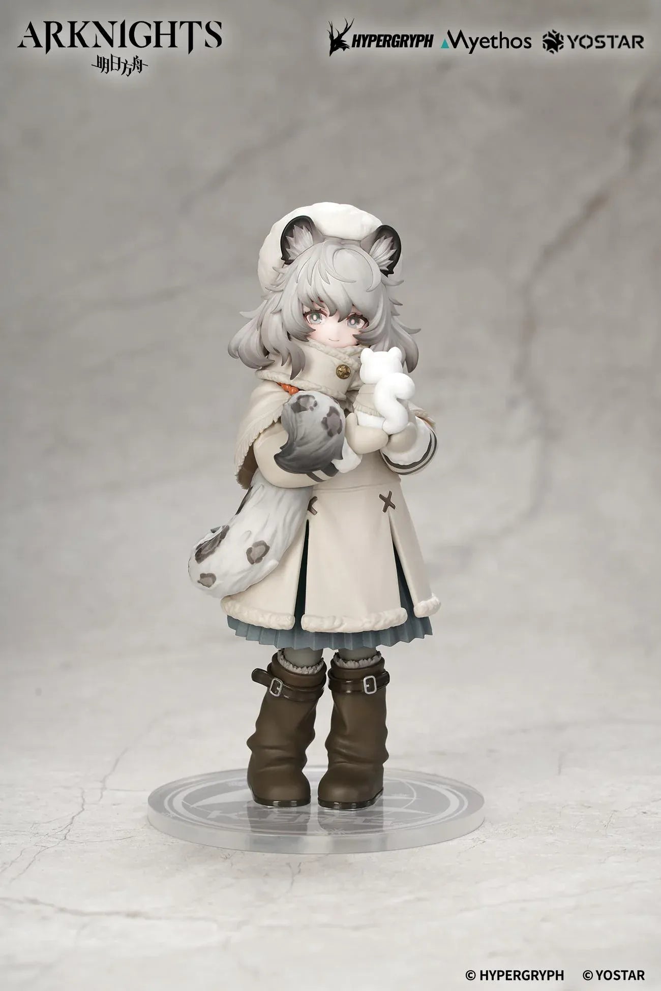 Arknights Rhodes Kids Series Pramanix Non Scale Figure with white hair, animal ears, winter coat, fluffy cape, boots, and bear accessory