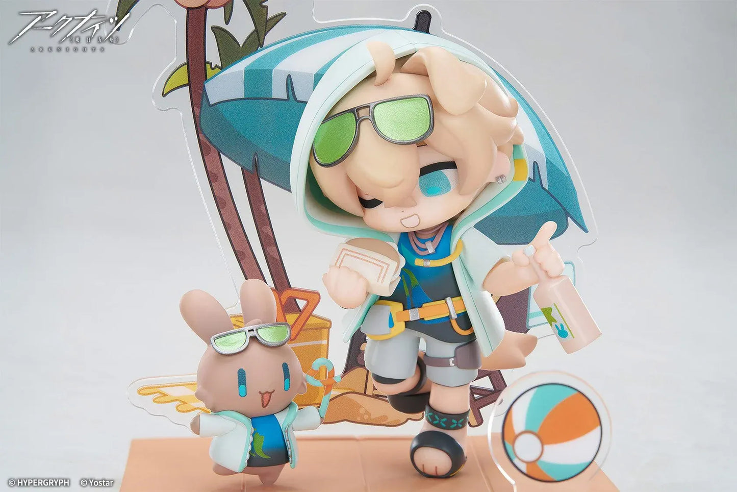 Arknights Cuties Series Tequila Chibi Figure with bunny companion, sunglasses, tropical beach umbrella, palm tree, and beach accessories