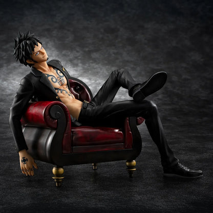 One Piece Portrait Of Pirates S.O.C. Trafalgar Law Ver. R Figure wearing a black suit and sitting in a red armchair