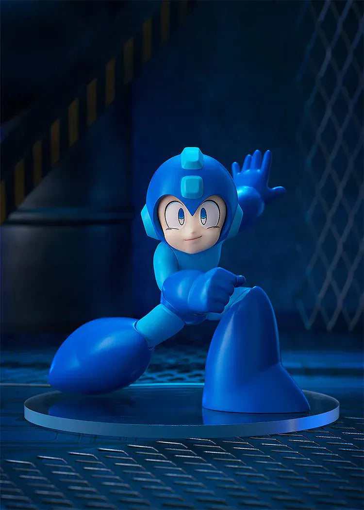 Pop Up Parade Mega Man figure in bright blue armor, posed in a dynamic running attack stance
