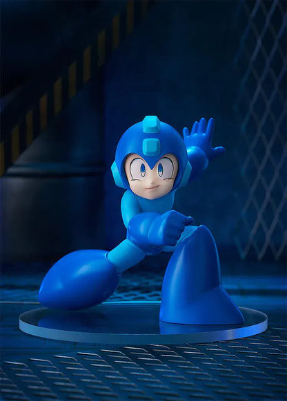 Pop Up Parade Mega Man figure in bright blue armor, posed in a dynamic running attack stance
