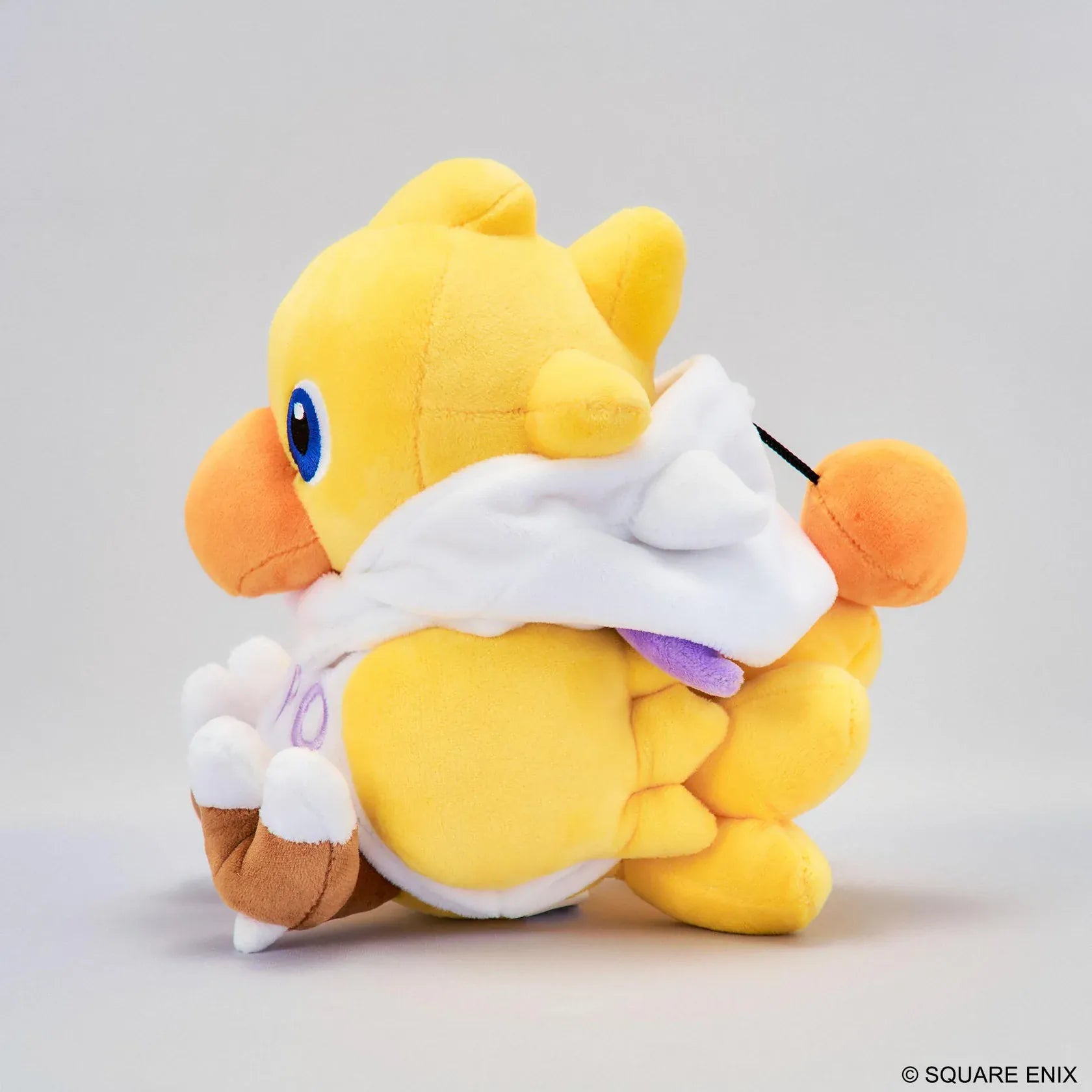 Final Fantasy Chocobo Moogle Hoodie Ver. Plush with yellow Chocobo, white Moogle hoodie, KUPO lettering, pom-pom detail, and seated plush design