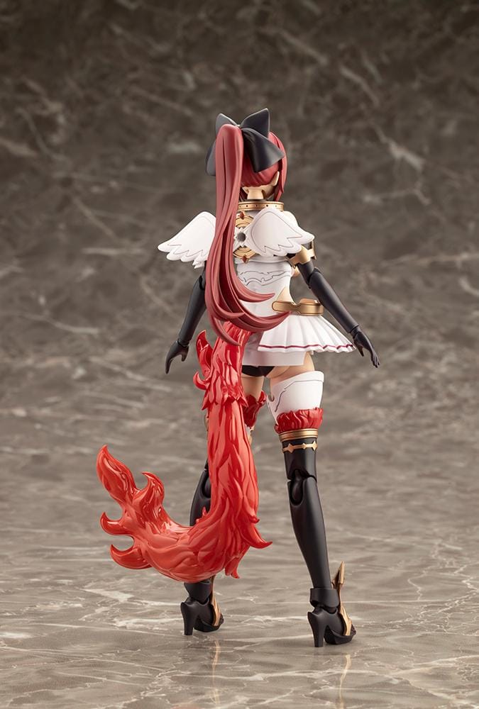 Assembled Arcanadea Charmed model kit with red hair, animal ears, a white and black outfit, gold armor accents, and a sweeping flame-like red tail.