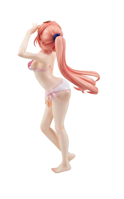 Lucrea Light Lacus Clyne Swimsuit Ver. figure with a flowing pink ponytail, gold hair ornament, and pink and white swimsuit, posed with one hand raised.