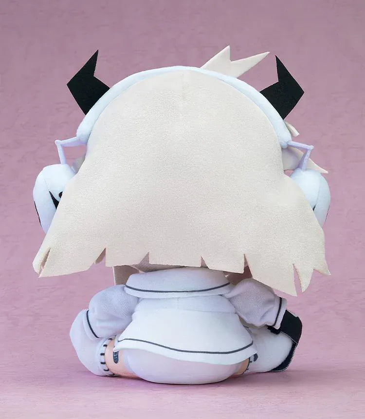 Yunyun Syndrome Rhythm Psychosis Plushie Qtie featuring Qtie in a soft chibi-style seated plush design with white hair, black horns, spiral eyes, and a white outfit.