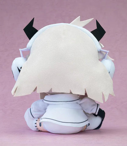 Yunyun Syndrome Rhythm Psychosis Plushie Qtie featuring Qtie in a soft chibi-style seated plush design with white hair, black horns, spiral eyes, and a white outfit.