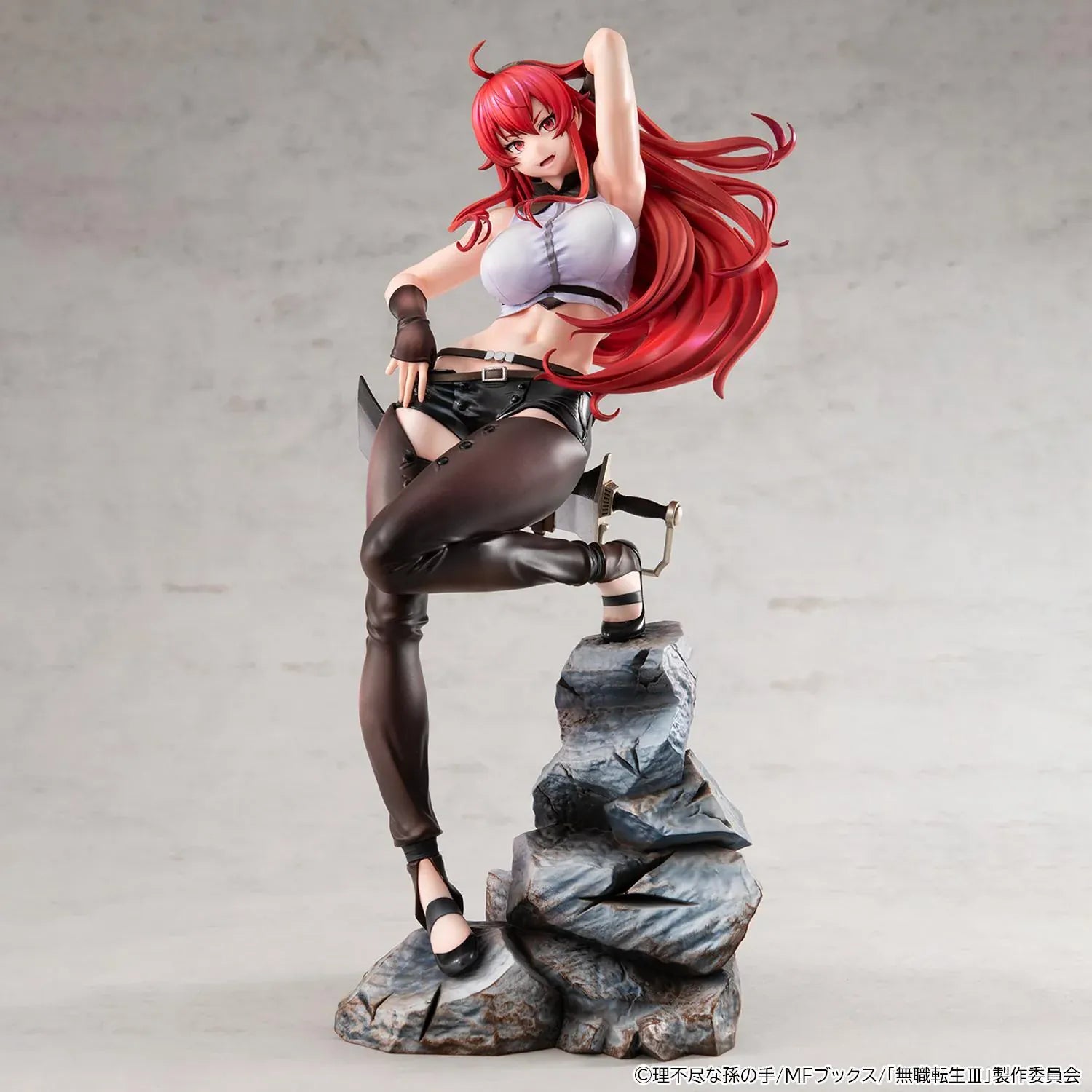 Mushoku Tensei Lucrea Eris Boreas Greyrat Figure with flowing red hair, black and white outfit, and detailed rocky display base
