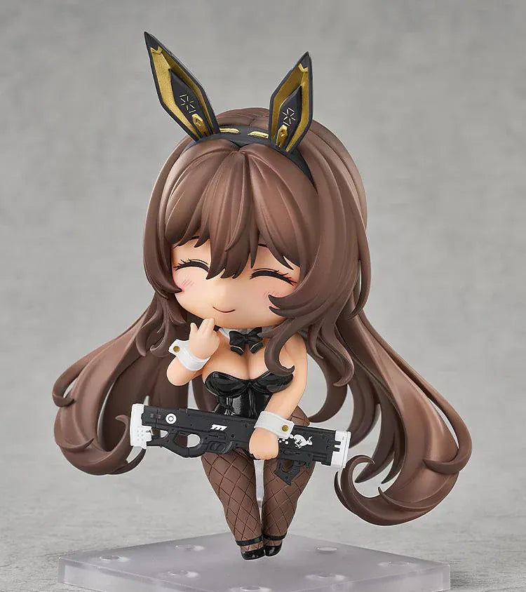GODDESS OF VICTORY NIKKE Nendoroid Noir Figure featuring Noir in a black bunny outfit with long brown hair, fishnet stockings, and a weapon accessory.