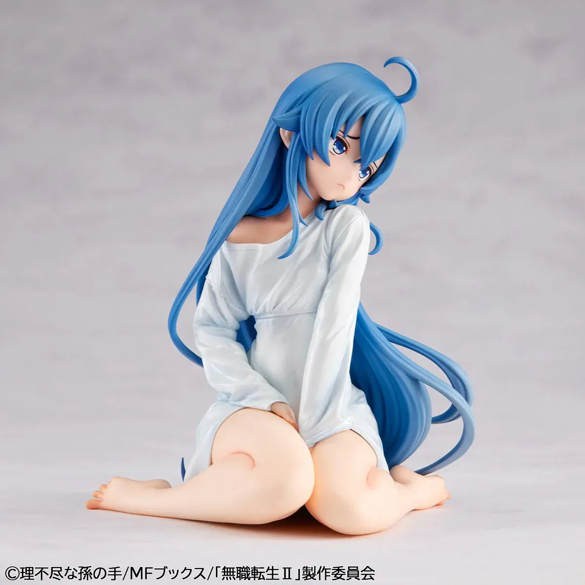 Mushoku Tensei Melty Princess Roxy Migurdia Peeping Ver. figure kneeling in oversized white shirt with long blue hair.