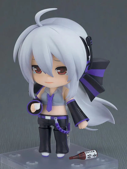Yowane Haku Nendoroid figure featuring silver hair, purple-and-black outfit, interchangeable face plates, and signature sake bottle accessory