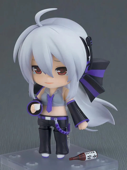 Yowane Haku Nendoroid figure featuring silver hair, purple-and-black outfit, interchangeable face plates, and signature sake bottle accessory