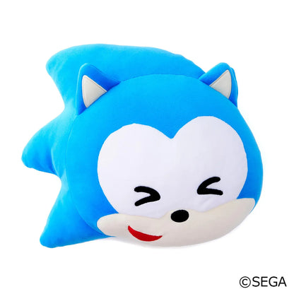 Sonic & Friends Sonic cushion featuring his blue spikes, green eyes, pointed ears, and smiling face.