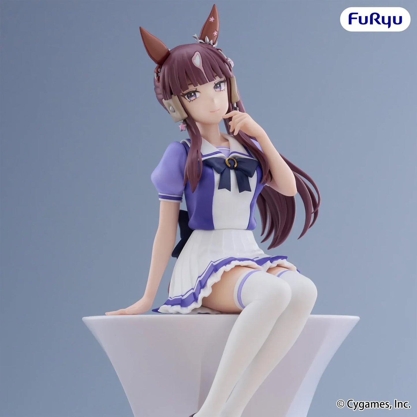 Uma Musume Pretty Derby Lucky Lilac Noodle Stopper Figure in a seated pose wearing her school uniform
