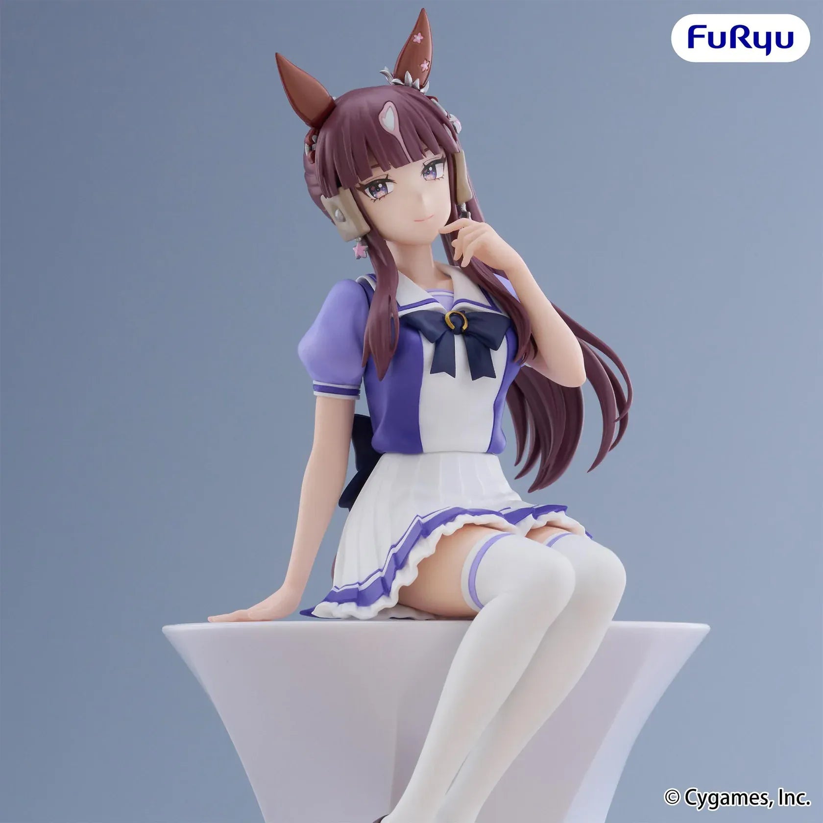 Uma Musume Pretty Derby Lucky Lilac Noodle Stopper Figure in a seated pose wearing her school uniform