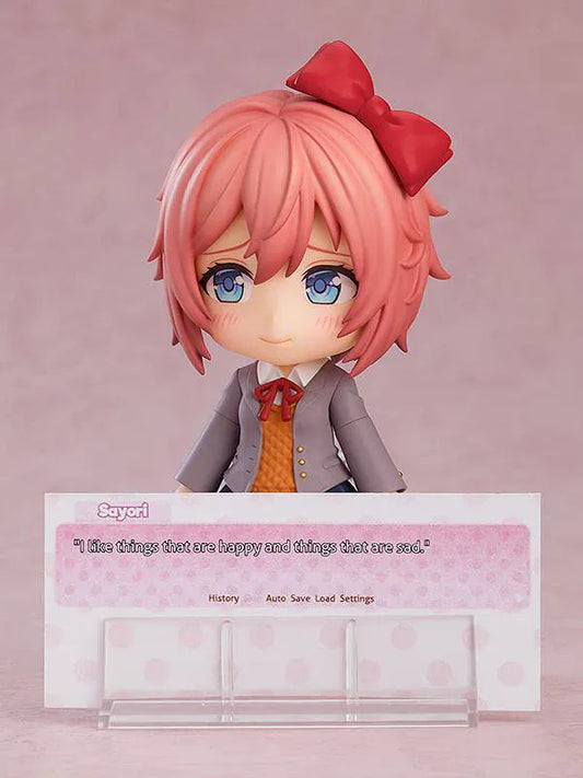Sayori Nendoroid figure from Doki Doki Literature Club smiling with red bow chibi figure