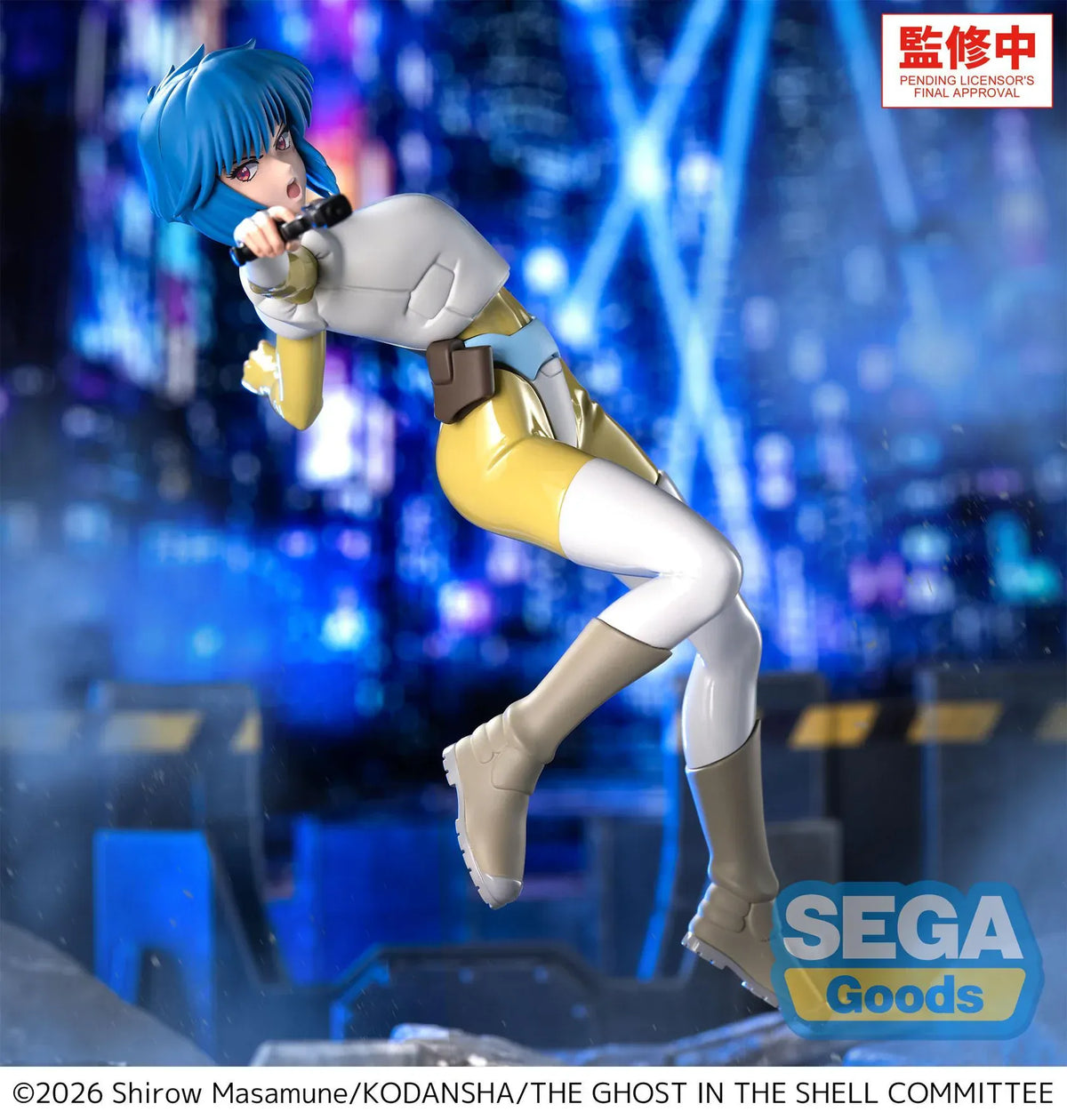 The Ghost in the Shell Luminasta Motoko Kusanagi figure aiming a pistol in a dynamic airborne pose