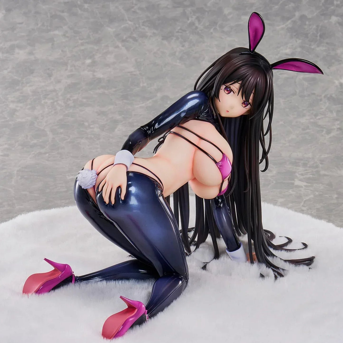 Reverse Bunny anime figure based on a Hirari illustration, posed low to the ground in a glossy dark bunny suit with long flowing hair and pink heels.